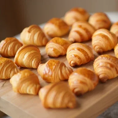 Frische, goldbraune Croissants auf einem Holzbrett angeordnet.
