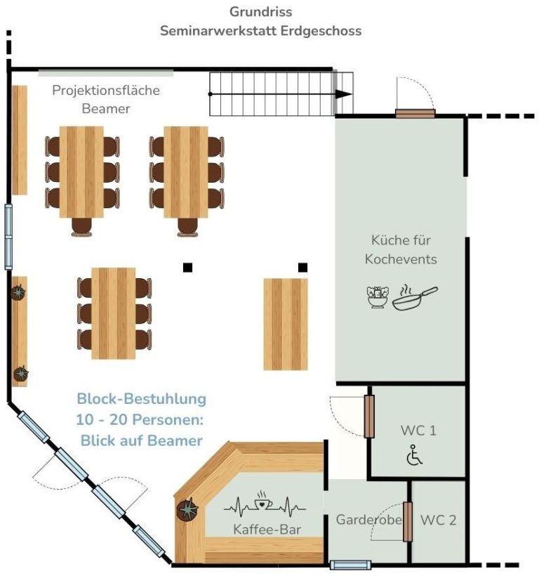 Raumplan mit Sitzbereichen für 10-20 Personen und zwei WCs, inklusive Küche.