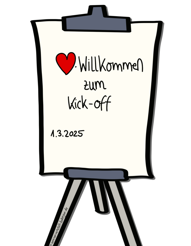 Willkommensschild für das Projekt Kick-off in Herzform.