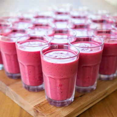 Gläser mit pinkem Smoothie auf einem Tablett.