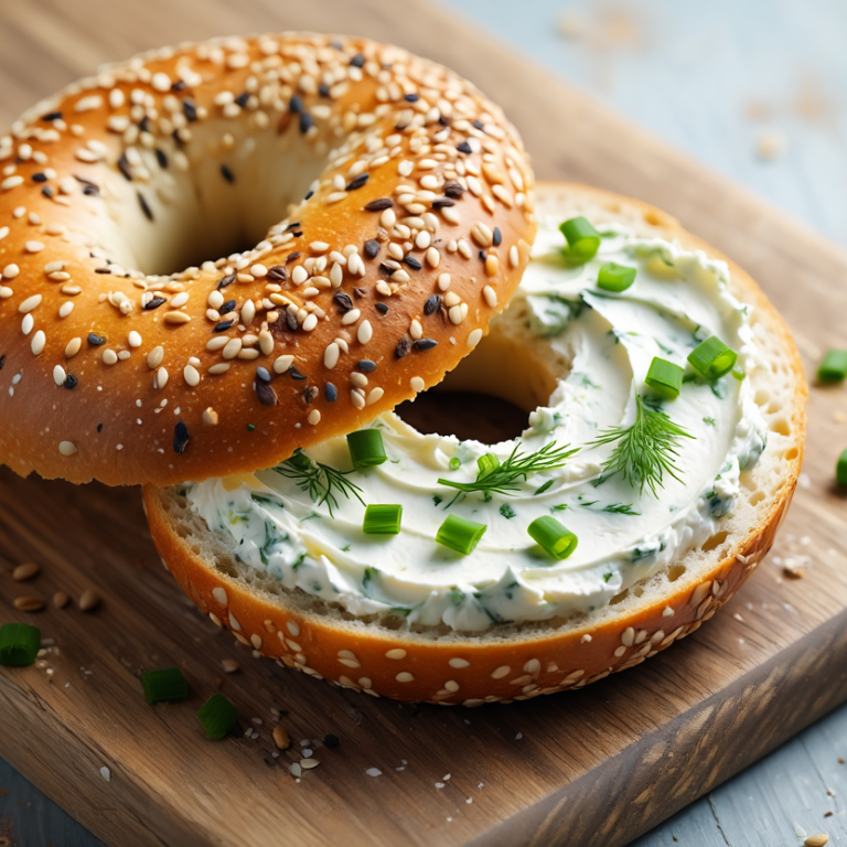 Ein Sesam- und Mohnbagel mit cremigem Kräuterfrischkäse und Schnittlauch.