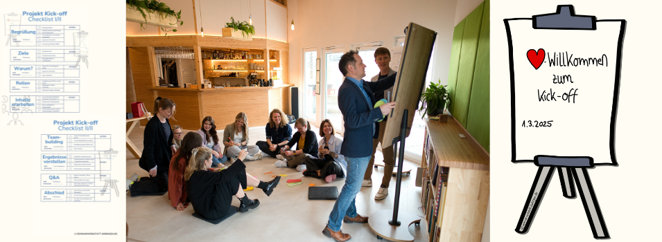 Gruppendiskussion in einem hellen Raum, eine Person steht an einem Flipchart, andere sitzen am Boden.