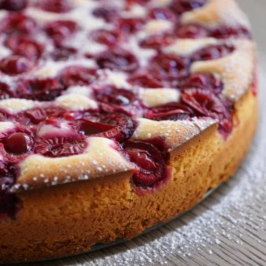 Kirschkuchen mit Puderzucker, goldbraun gebacken und saftigen Kirschen.