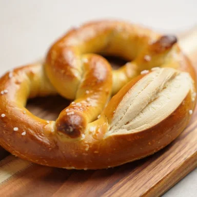 Frisch gebackene Brezeln auf einem Holzbrett, bestreut mit grobem Salz.