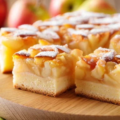 Apfelkuchenstücke mit Zuckerguss auf einem Holzbrett, im Hintergrund Äpfel.