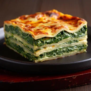 Lasagne mit Spinat und Käse, in quadratischen Portionen auf einem Teller präsentiert.