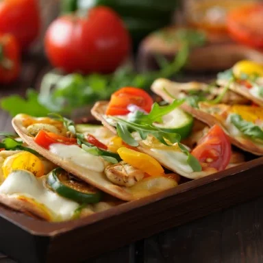 Pinsa mit Tomaten, Mozzarella und Salaten auf einem Holzbrett.