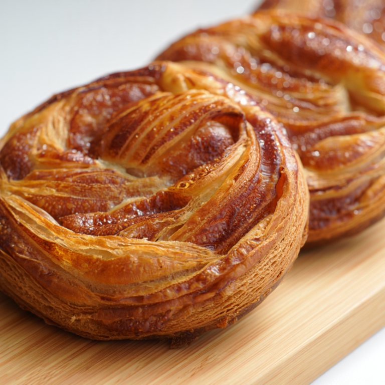 Drei goldbraune, spiralförmige Gebäckstücke auf einem Holzbrett.