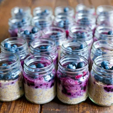Gläser mit Haferflocken und Blaubeeren in einer Holzumgebung.